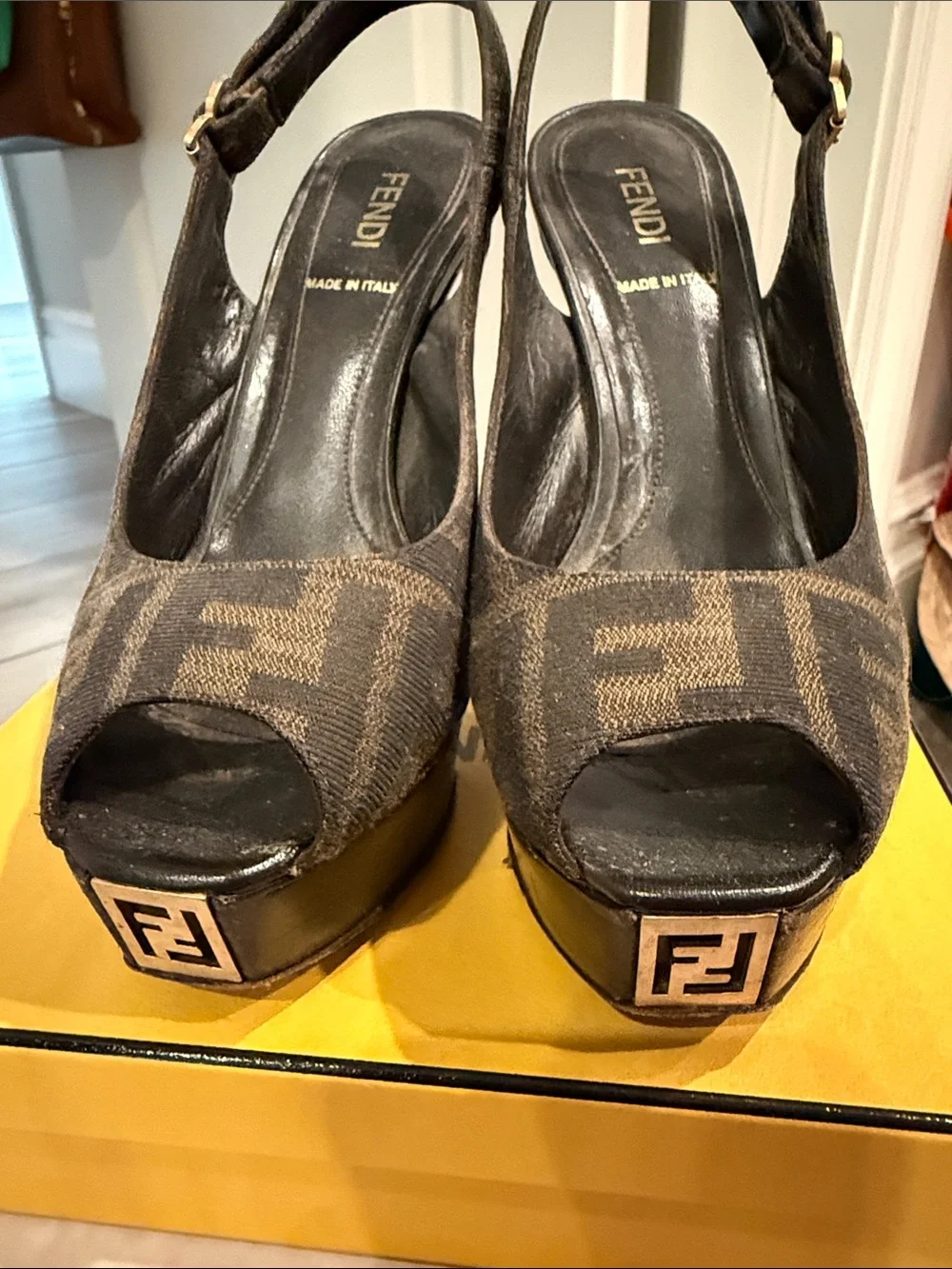 Fendi Brown Zucca Peep-Toe Slingback Heels